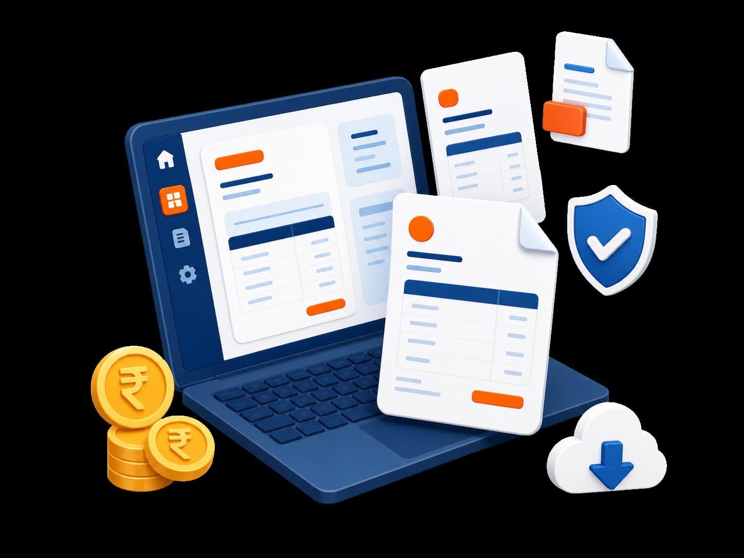 Online bill creation workspace with invoices, secure download and rupee payments