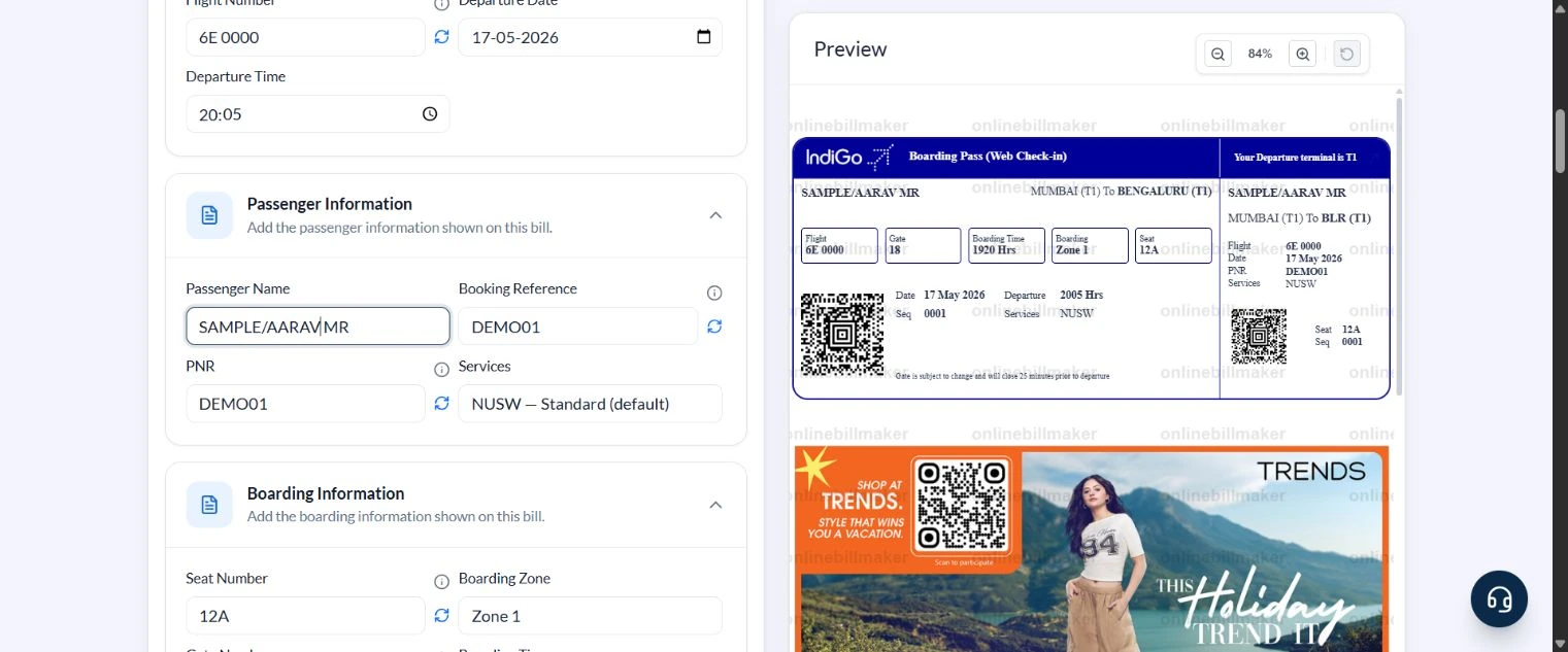 Passenger fields showing SAMPLE/AARAV MR and DEMO01 references