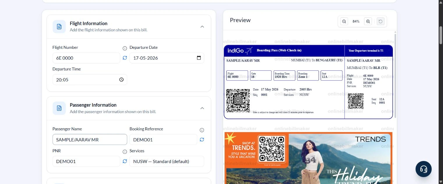 Sample boarding pass preview with Mumbai to Bengaluru route, seat 12A and DEMO01