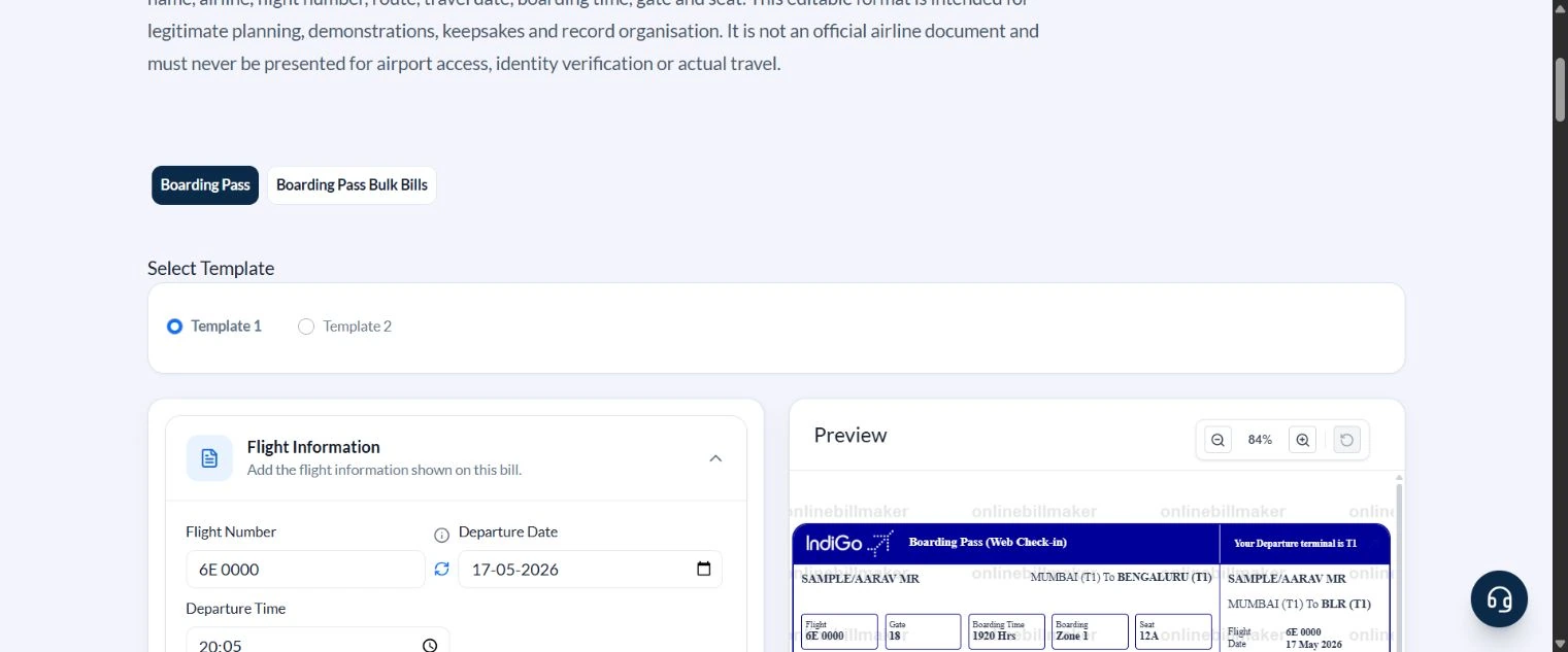 Boarding pass editor with Template 1 selected