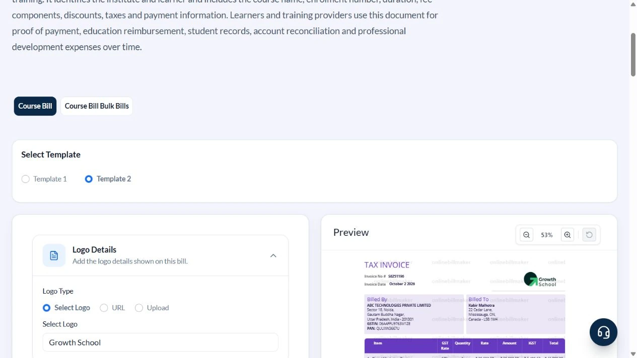Course bill generator with two layout choices