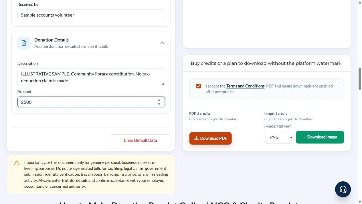 Donation description and ₹2500 amount in the actual form