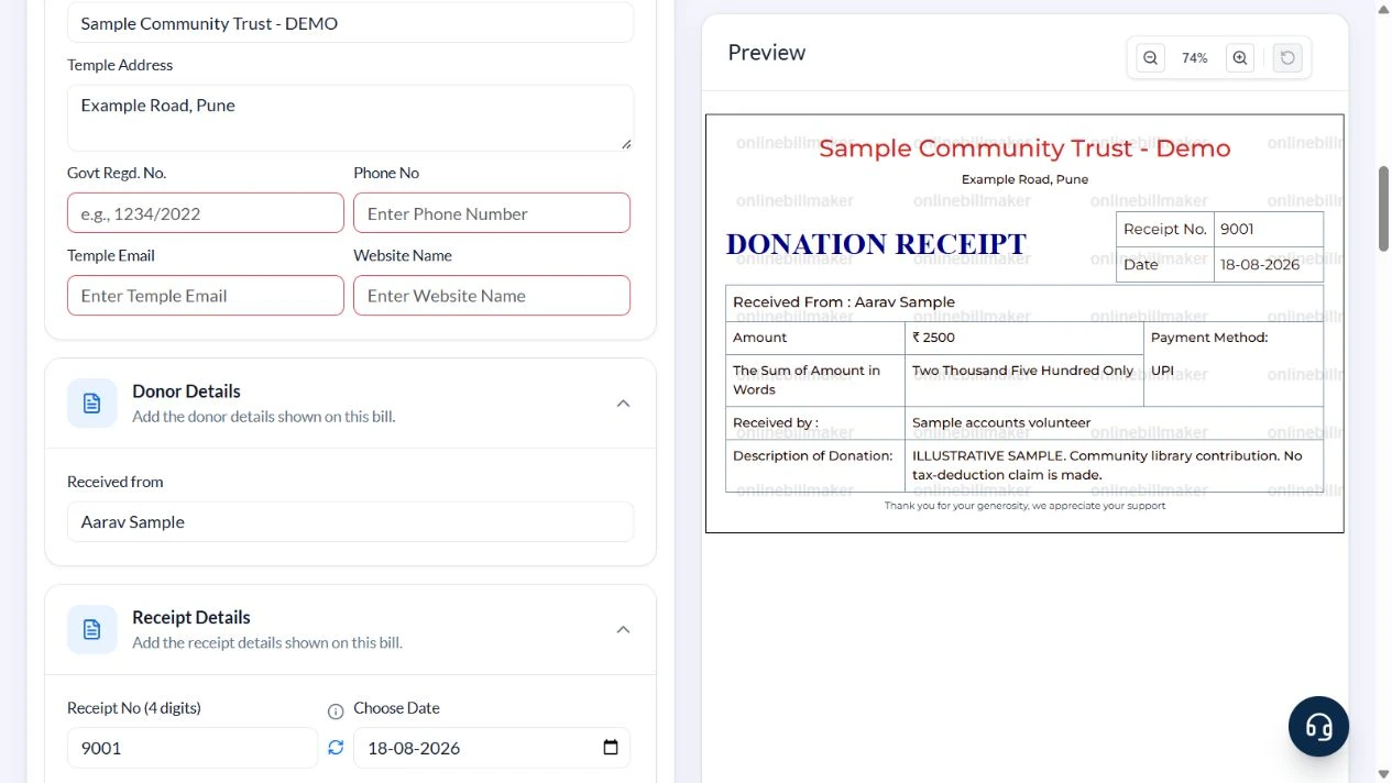 Sample donation receipt for a ₹2500 library contribution