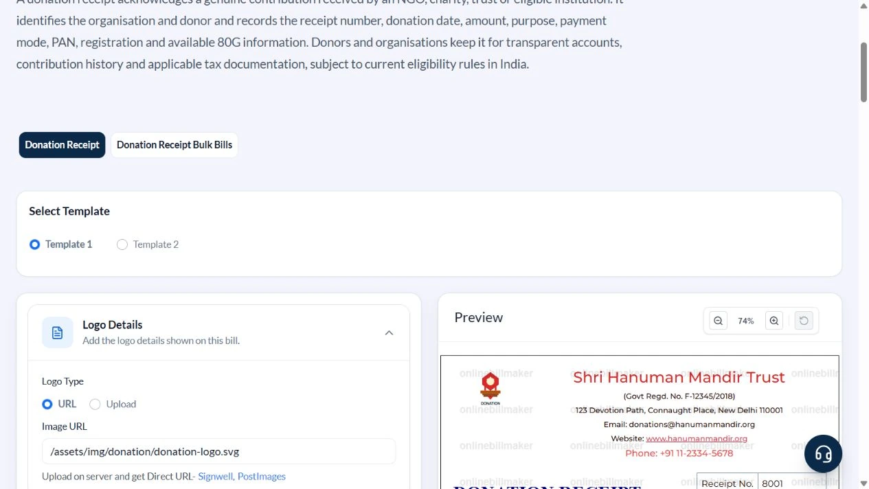 Donation receipt generator with two layout choices