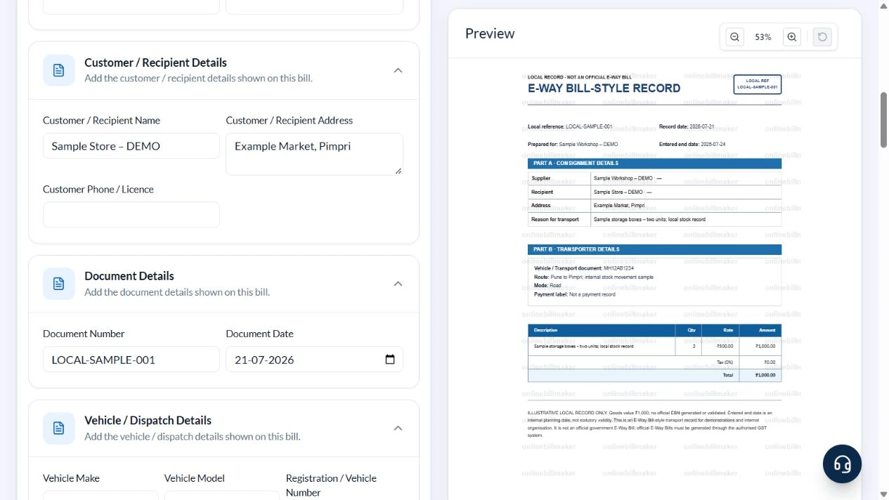 Completed local transport sample explicitly marked not an official e-way bill