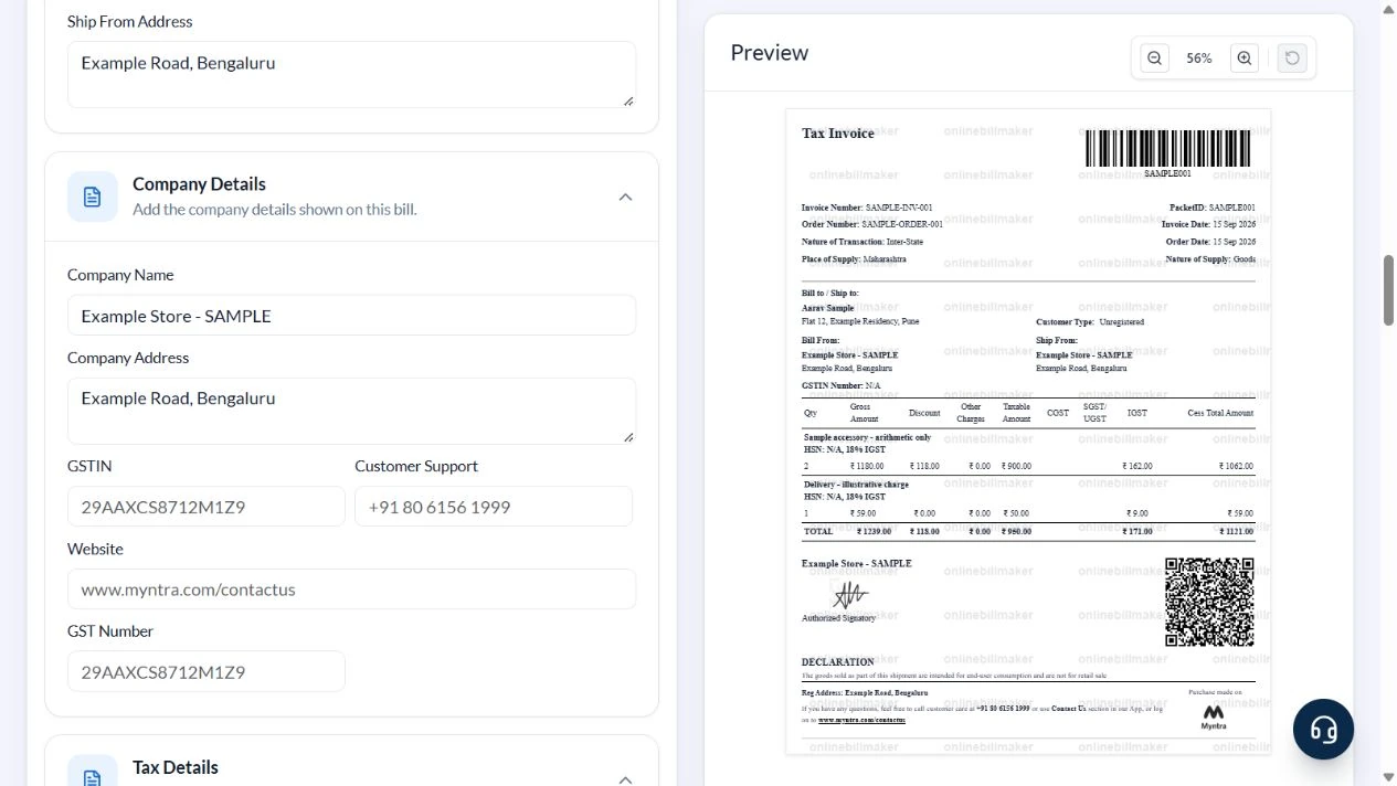 Ecommerce sample invoice preview showing ₹950 taxable value, ₹171 tax and ₹1121 total