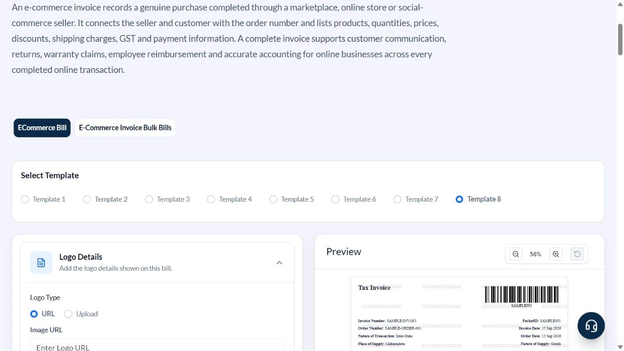 E-commerce invoice selector with Template 8 selected on localhost