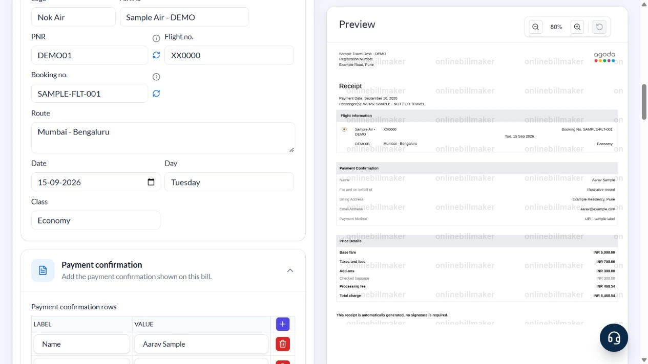 Flight fare editor with main charges and a baggage sub-line