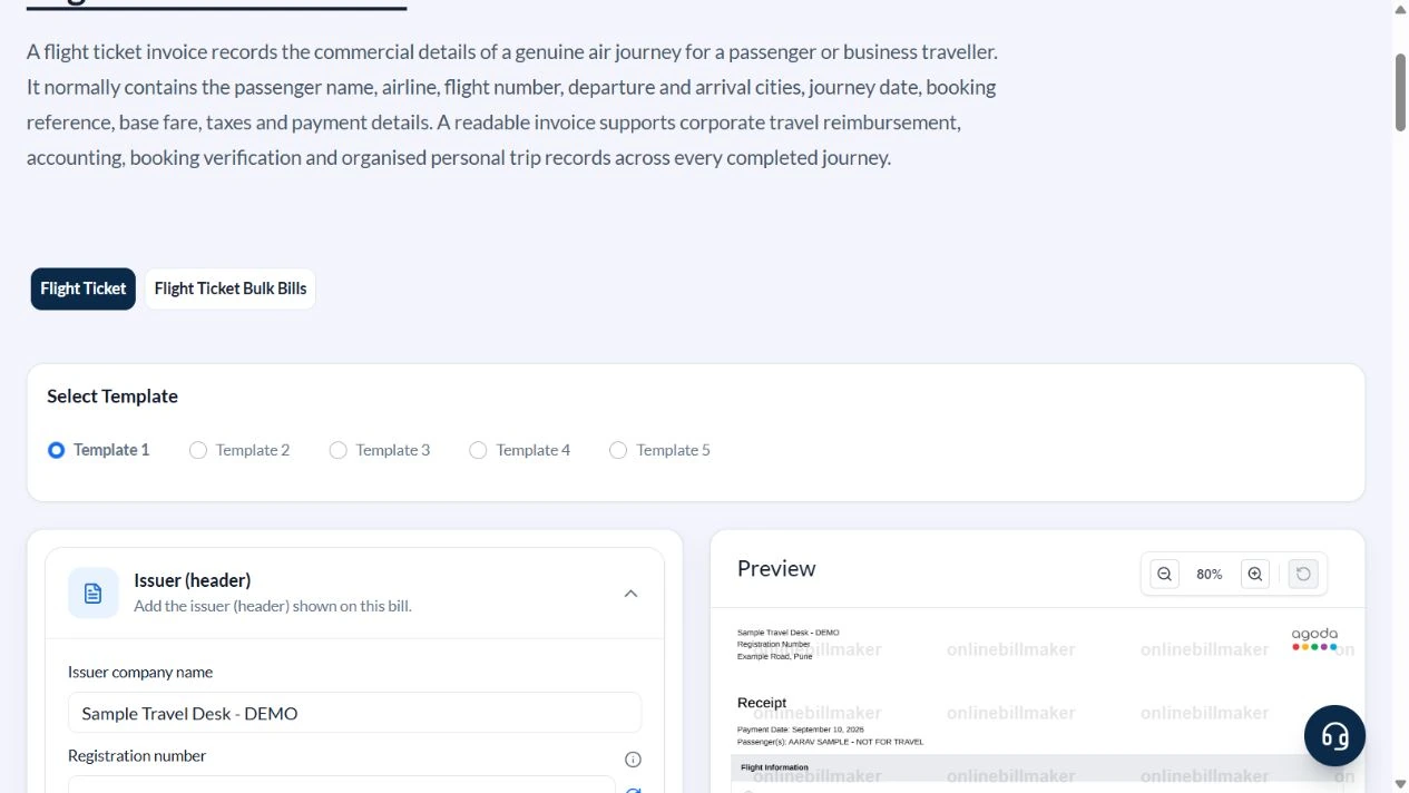 Flight record generator with Template 1 selected