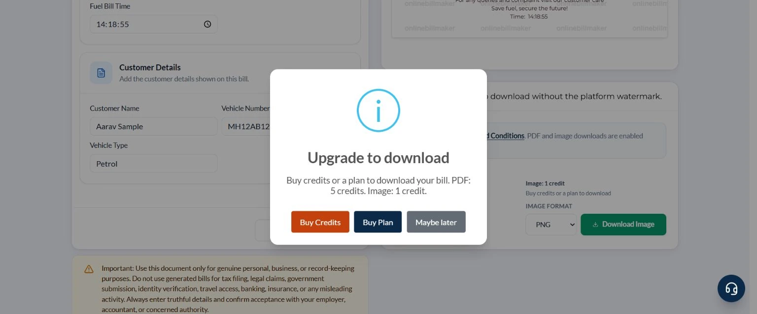Upgrade to download dialog offering Buy Credits and Buy Plan