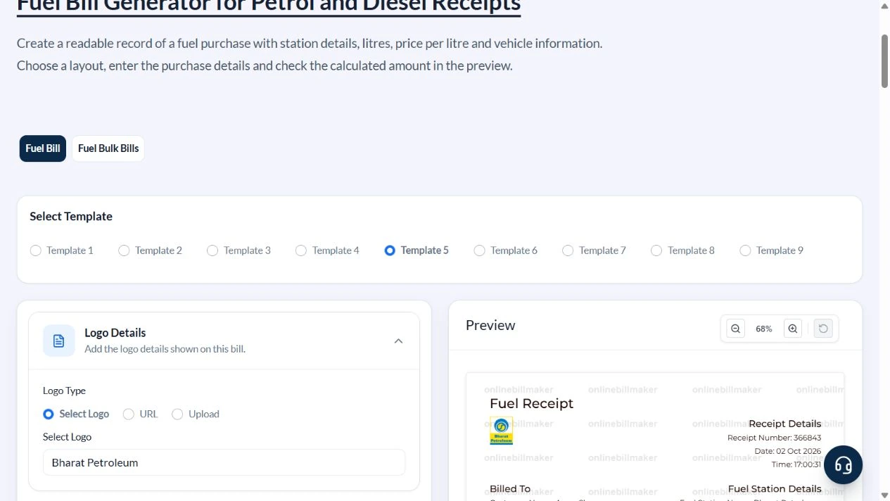 Local fuel generator showing Template 5 selected for the full-page receipt