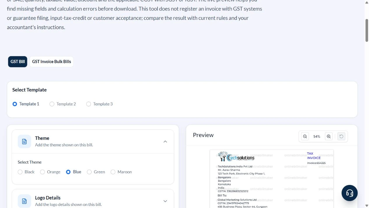 GST invoice generator showing layout and theme controls
