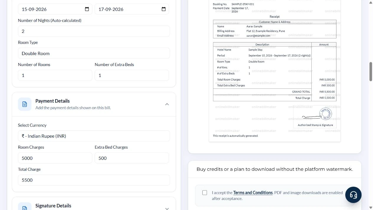 Hotel PDF and image controls with the terms checkbox not selected