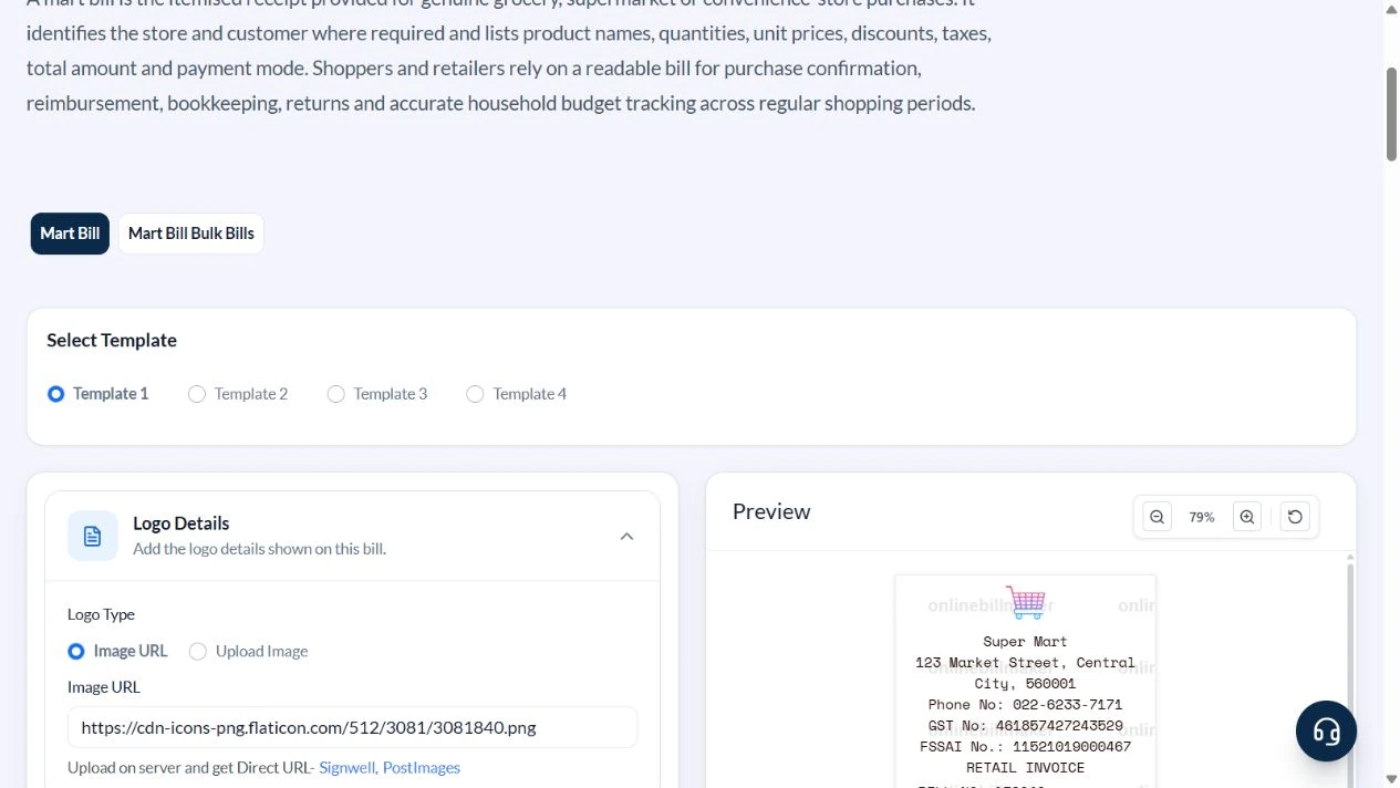 Mart bill editor with four template choices