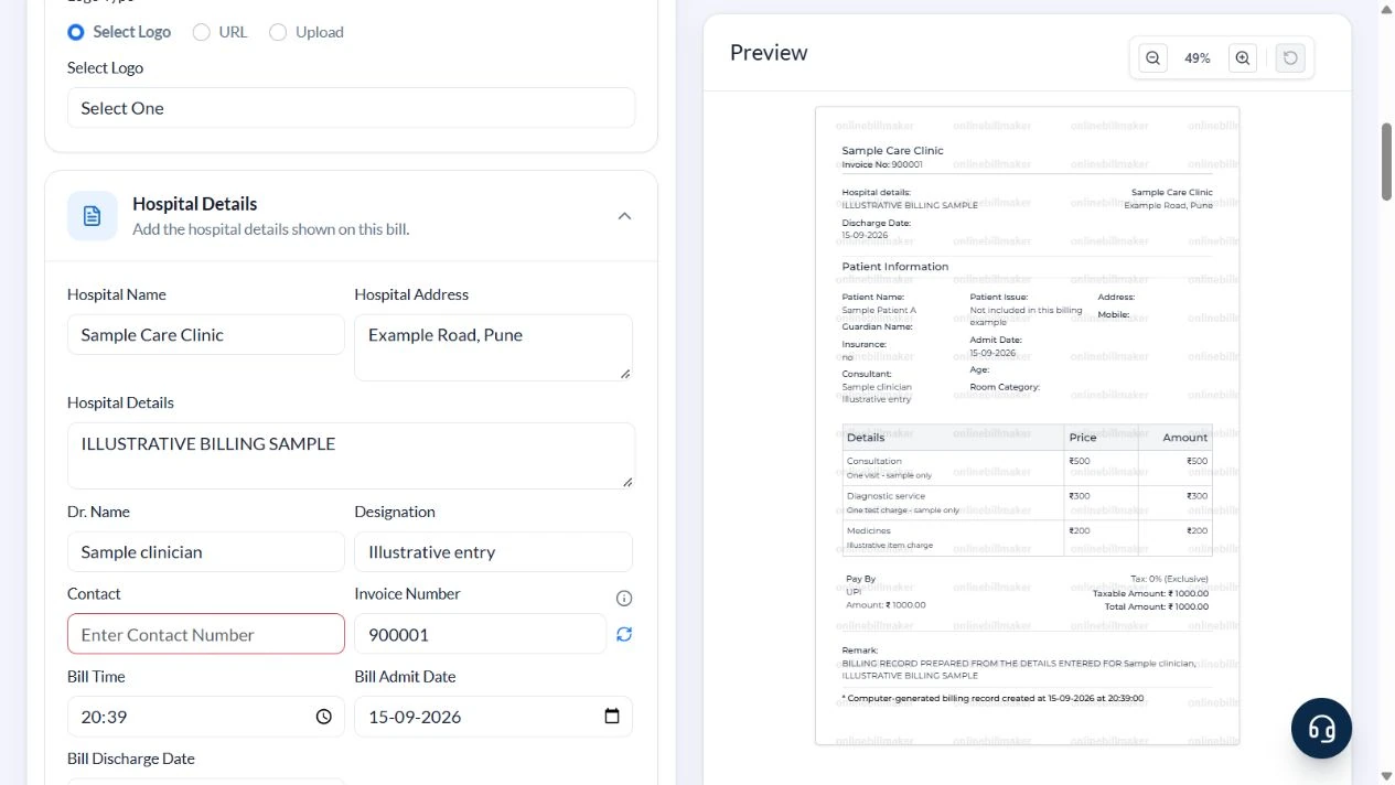 Medical bill output controls and displayed download costs