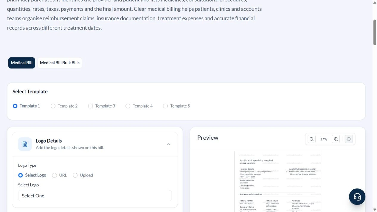 Medical bill generator with five template choices