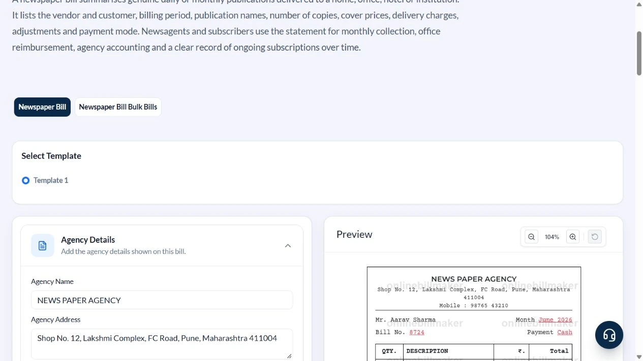 Newspaper bill editor with its layout option