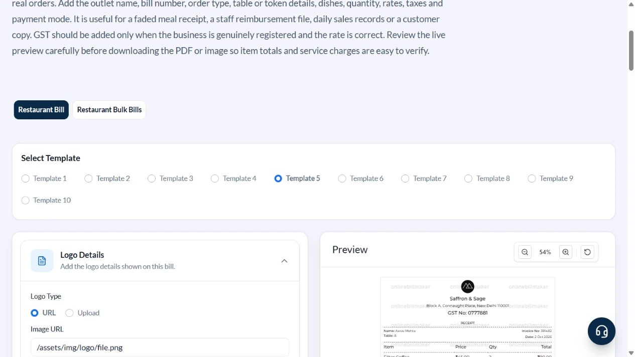 Restaurant generator with Template 5 selected