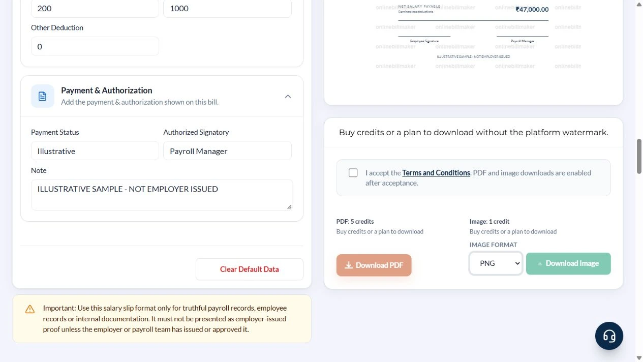 Salary PDF and image download controls before terms acceptance