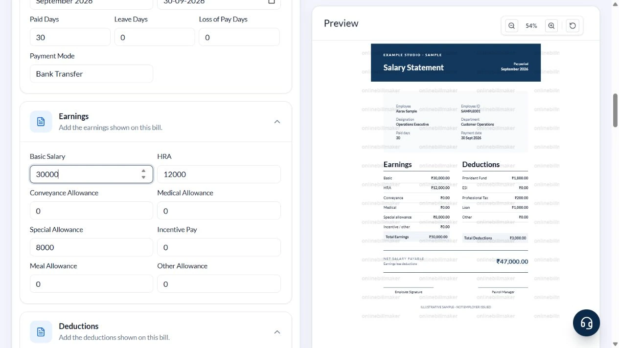 Salary fields showing the sample earnings and manually entered deductions