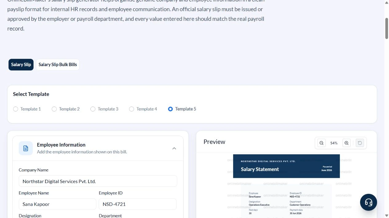 Salary slip generator with Template 5 selected