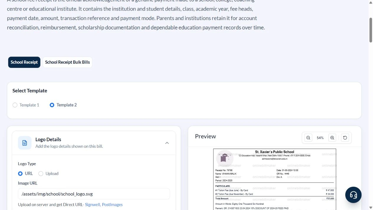 School receipt editor with Template 2 selected